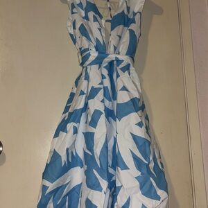 Blue and White Dress, nipped-in waist, belted Bow, Bubble Hem ~ size small